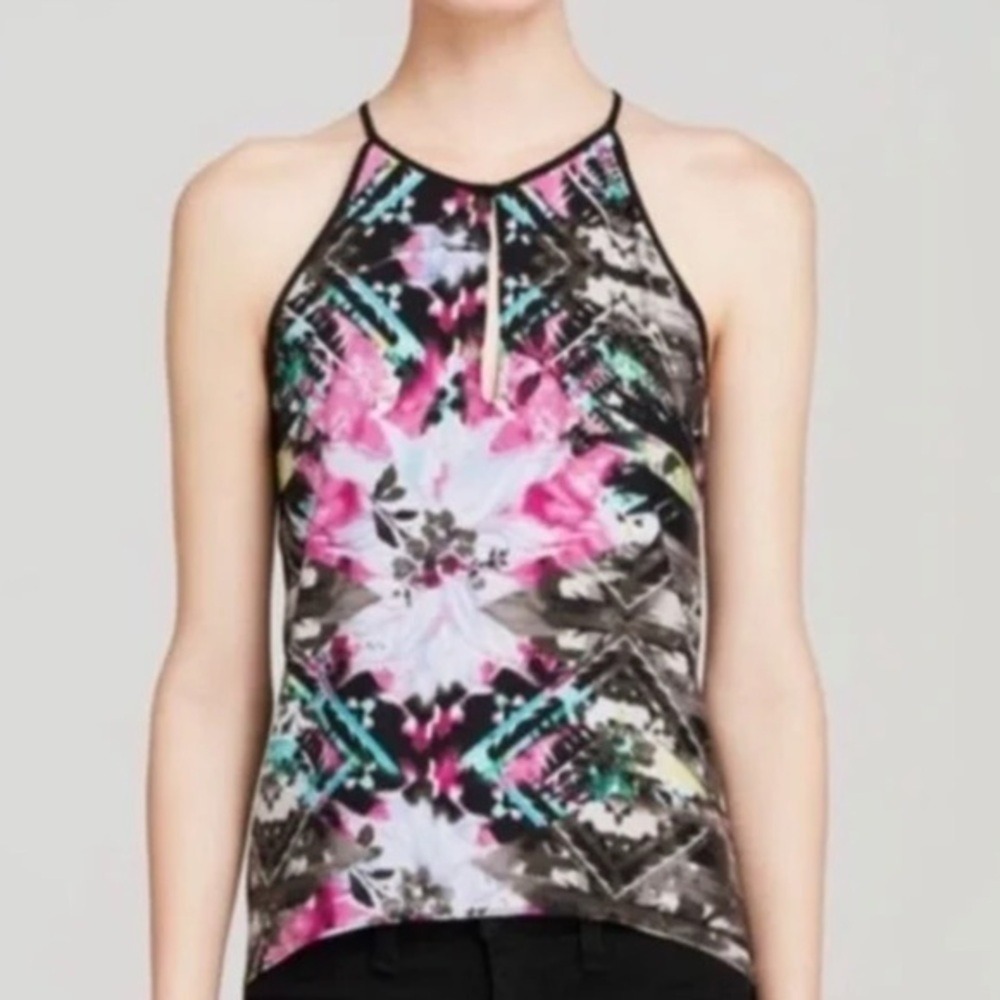 Parker Silk Halter Top Abstract Floral Geometric Print Keyhole Blouse Medium - Picture 4 of 7